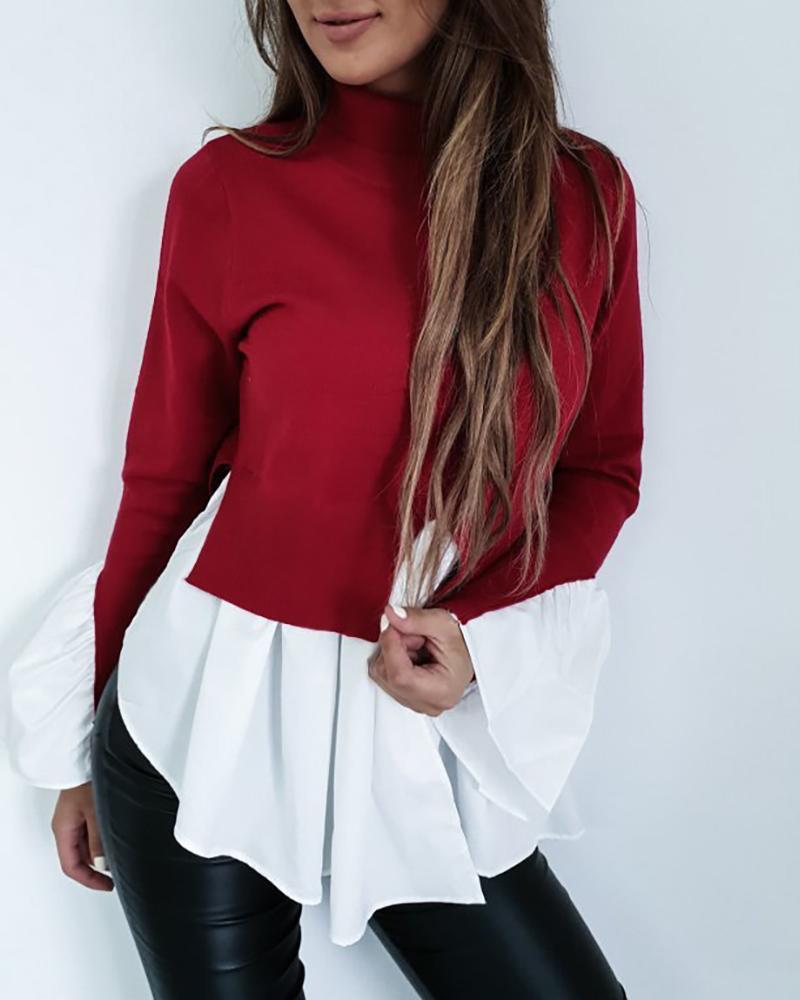 

Colorblock Insert Ruffles Long Sleeve Blouse, Red
