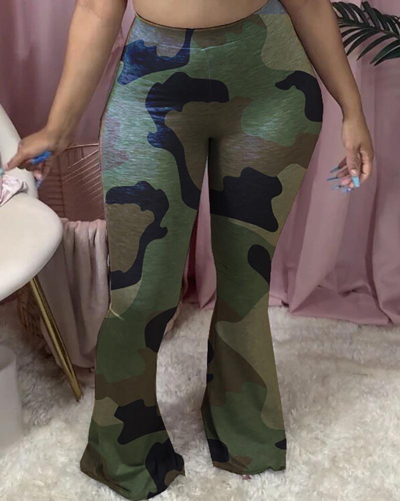 

Camouflage Print High Waist Bootcut Pants, Army green