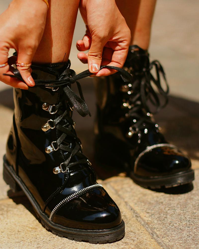 

Solid Lace-up Leather Martens Boots, Black