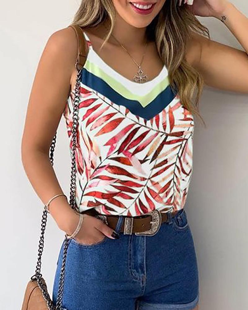 

Print V-neck Spaghetti Strap Casual Top, White