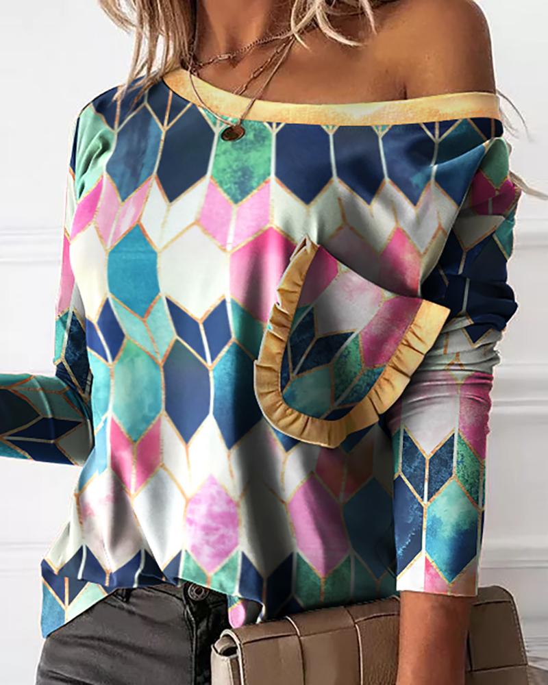 

Colorblock Pocket Design Frill Hem Top, Multicolor