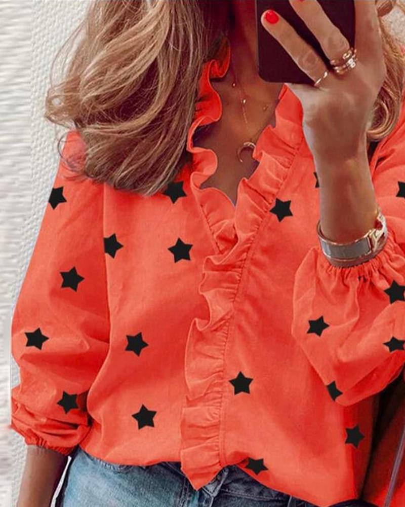 

Multi-stars Long Sleeve Ruffles Blouse, Orange