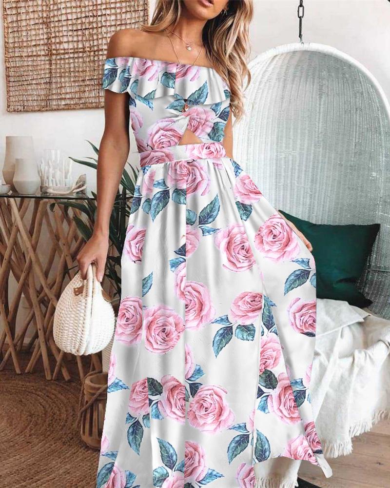 

Off Shoulder Floral Print Ruffles Cutout Front Maxi Dress, Multicolor