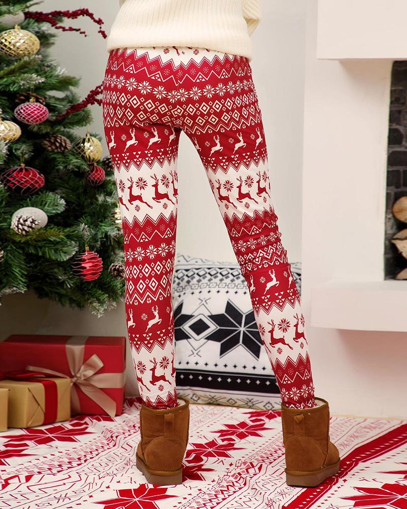 

Christmas Reindeer Snowflake Print Skinny Pants, Wine red