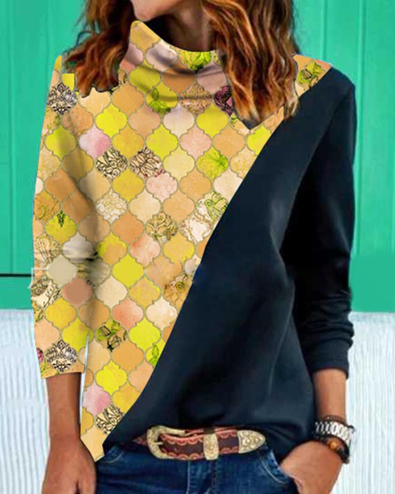 

High Neck Geo Print Colorblock Sweatshirt, Yellow