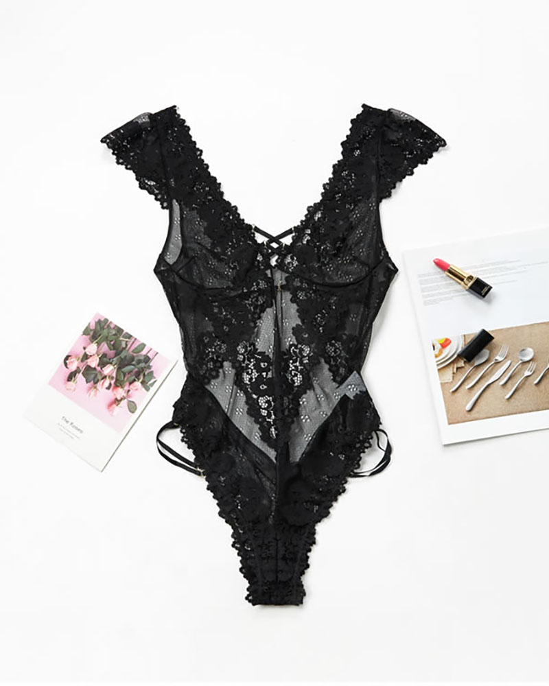 

Sexy Sheer Floral Lace Open Back Teddies, Black