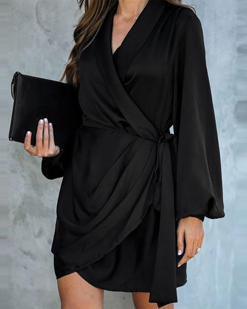 

Lantern Sleeve Satin Wrap Dress, Black