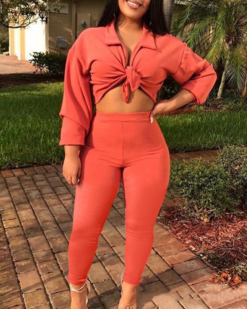 

Solid Long Sleeve Lace-up Front Blouse Suit Set, Red