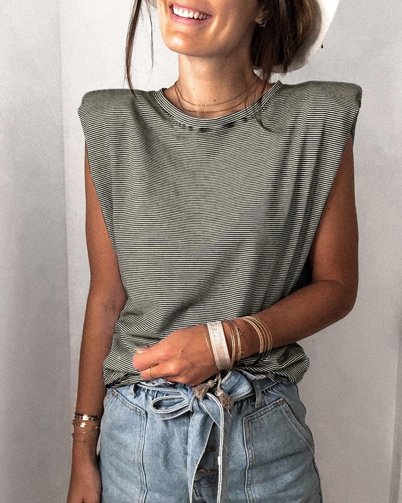 

Striped Padded Shoulder Round Neck Top, Dark grey