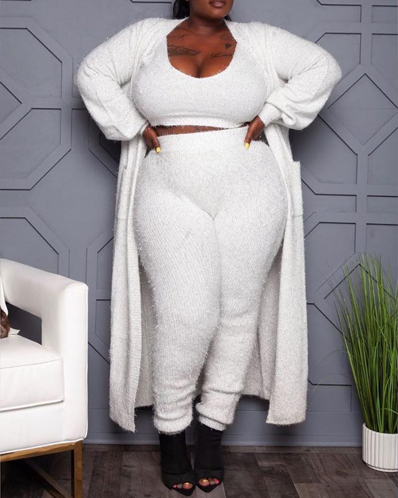 

Plus Size Fluffy Plain Crop Top & Pants Set, White