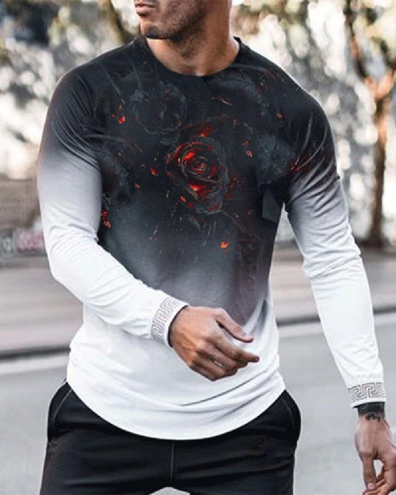 

Men Floral Print Colorblock Long Sleeve Top, Black