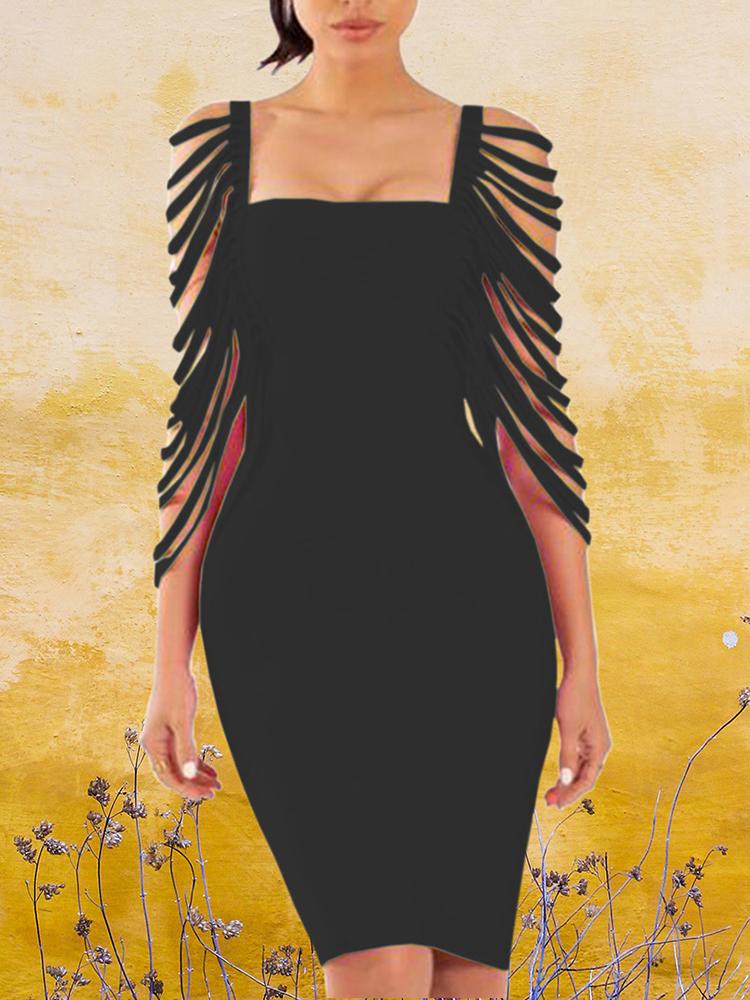 

Square Neck Tassel Sleeve Bodycon Dress, Black