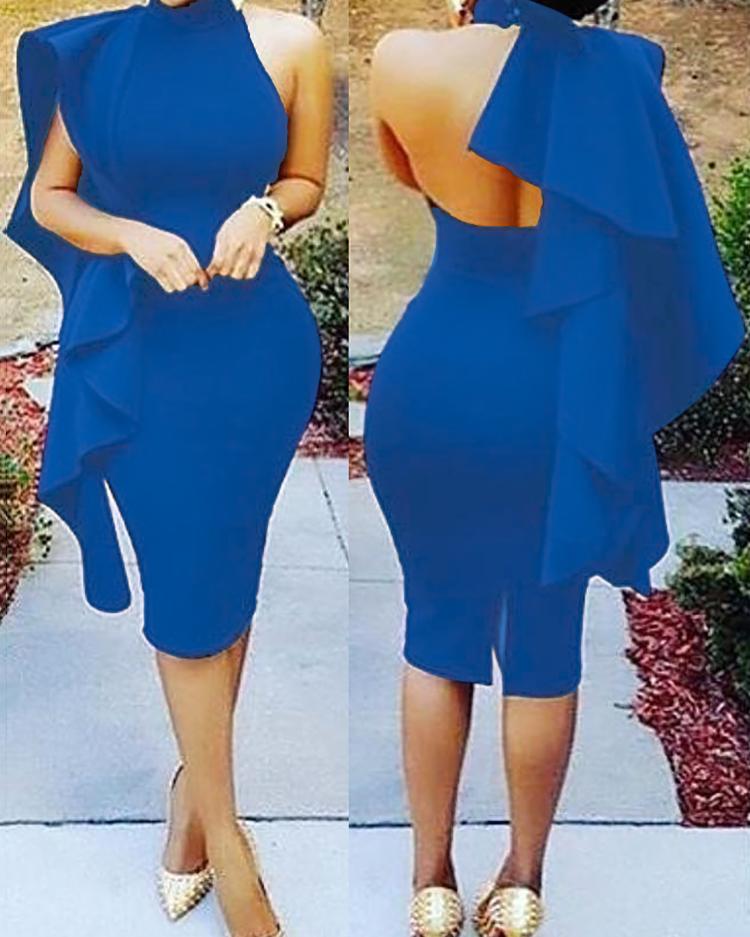 

Stylish Ruffled Halter Bodycon Midi Dress, Blue