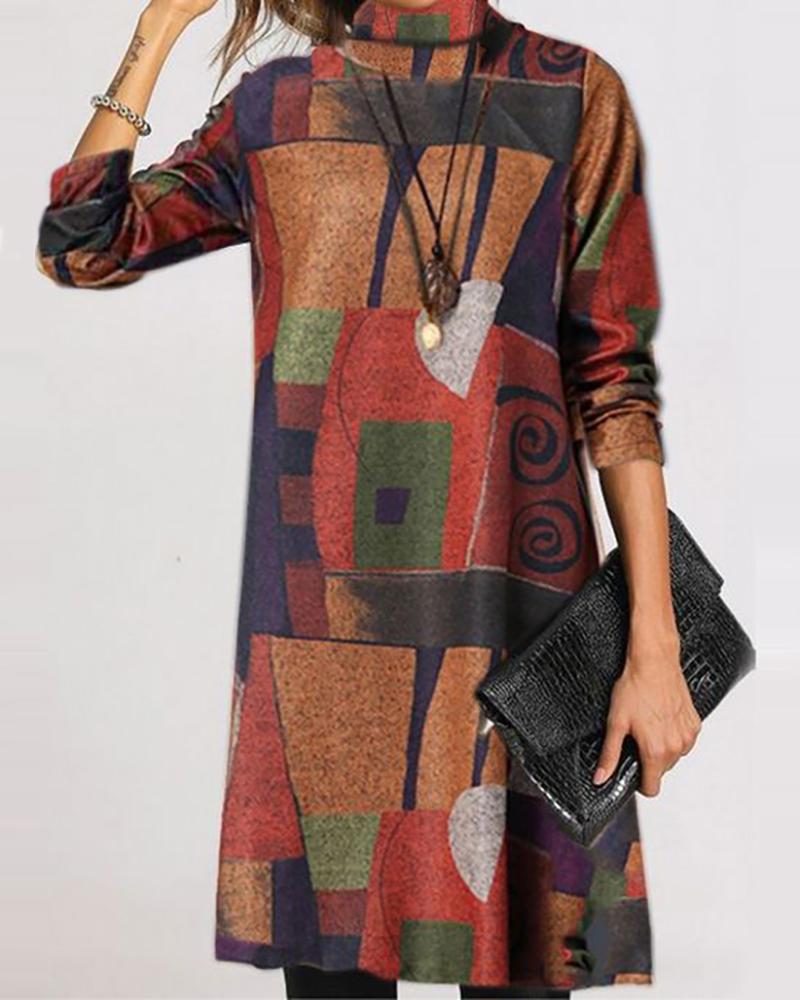 

Colorblock Geometry Print Long Sleeve Dress, Brown