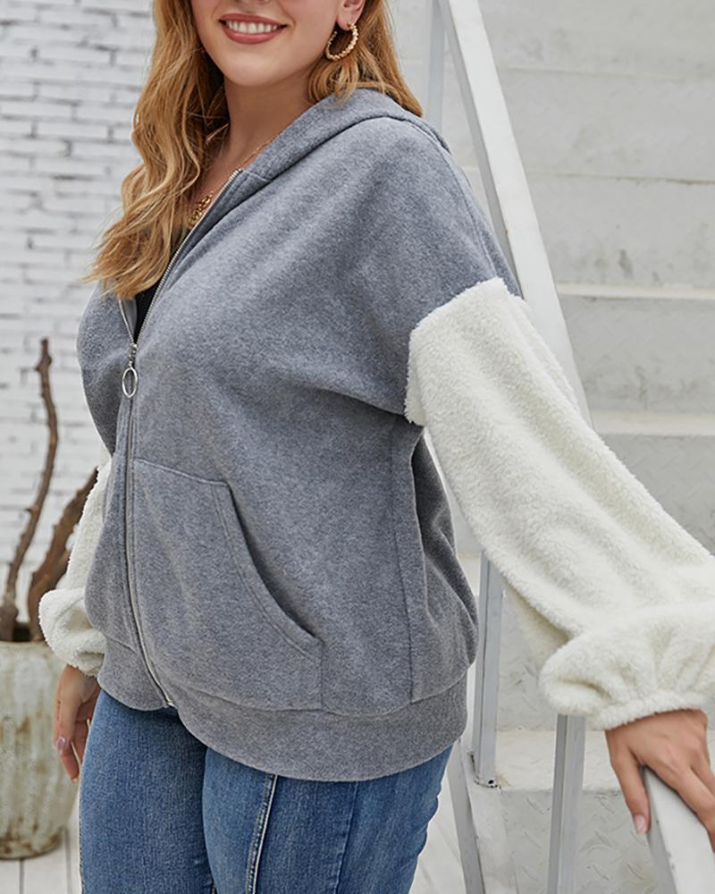 

Plus Size Colorblock Zipper Pocket Design Hooded Coat, Gray
