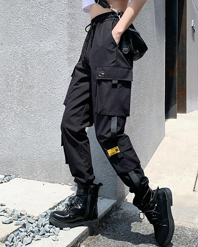 

Pocket Design Colorblock Cuffed Cargo Pants, Black