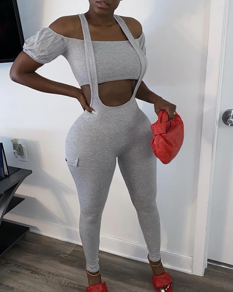 

Plain Off Shoulder Ribbed Crop Top & Suspender Jumpsuit, Gray