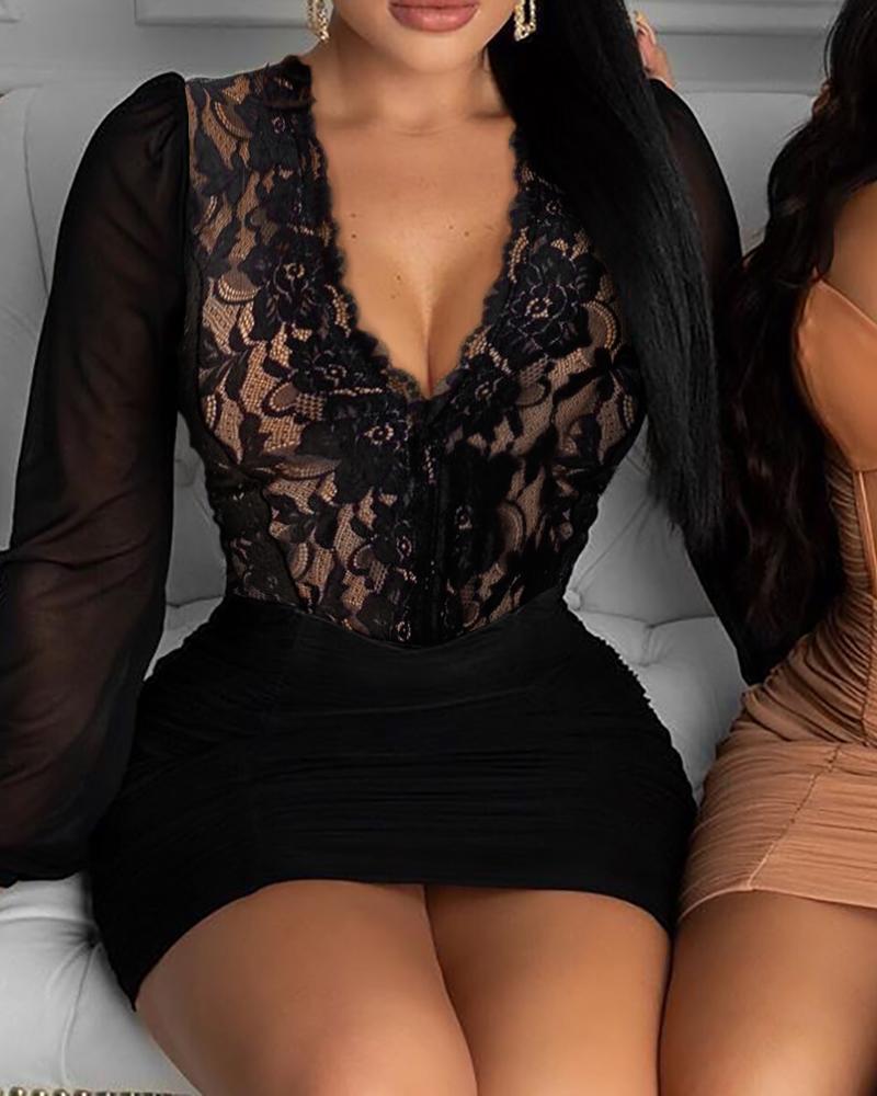 

Eyelash Lace Sheer Mesh Ruched Bodycon Women Dress, Black