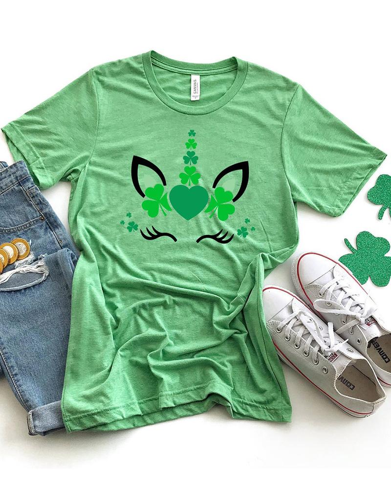 

St.Patrick' Day Clover Print Short Sleeve T-Shirt, Green