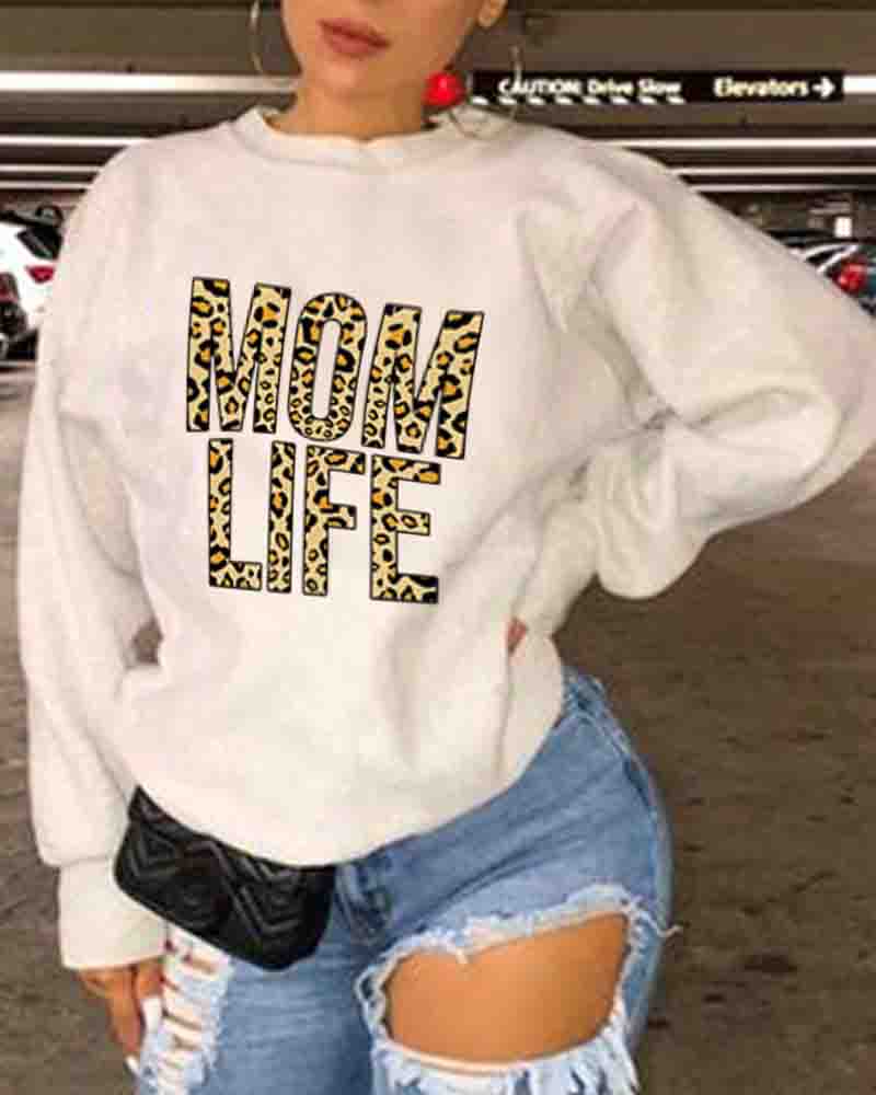 

Mother's Day Leopard Letter Print Lined Sweatshirt, White