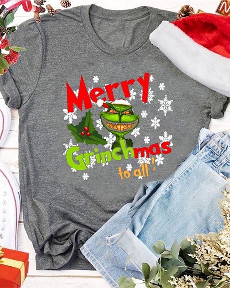 

Christmas Cartoon Letter Print T-shirt, Gray