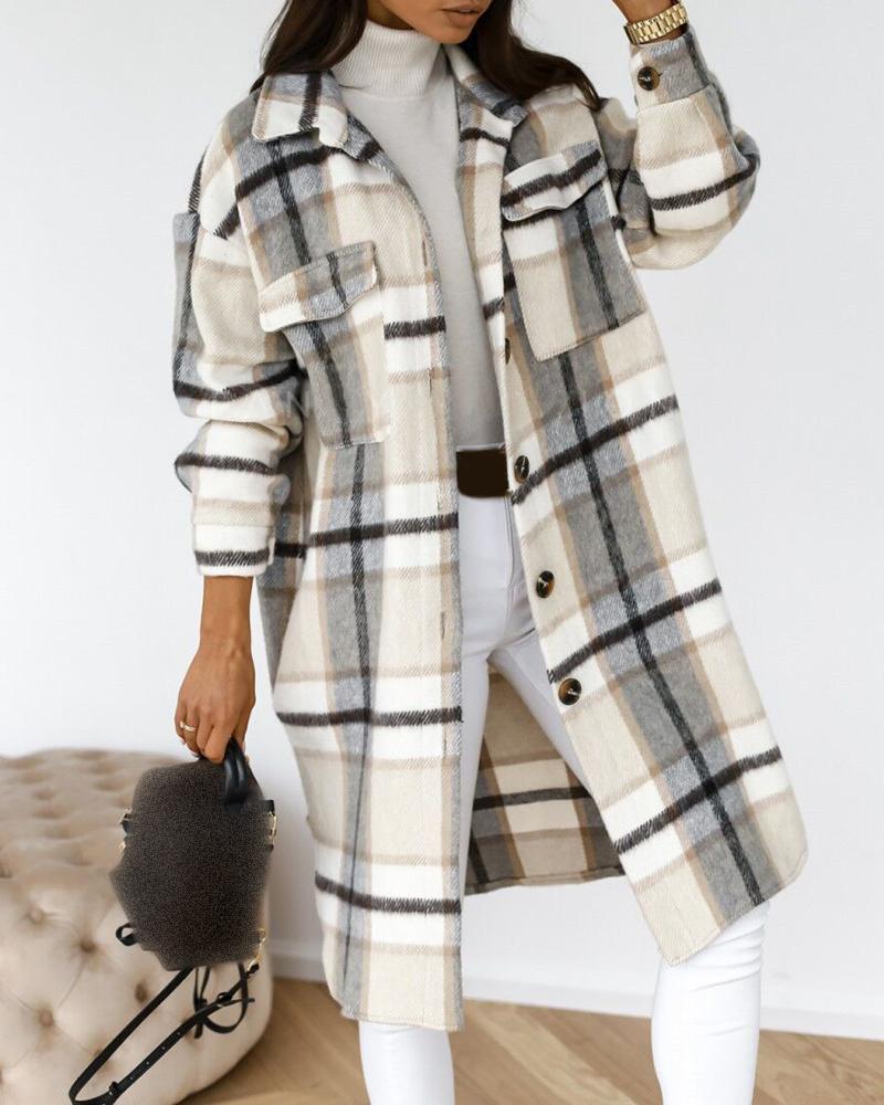 

Plaid Print Pocket Design Long Sleeve Coat, Apricot