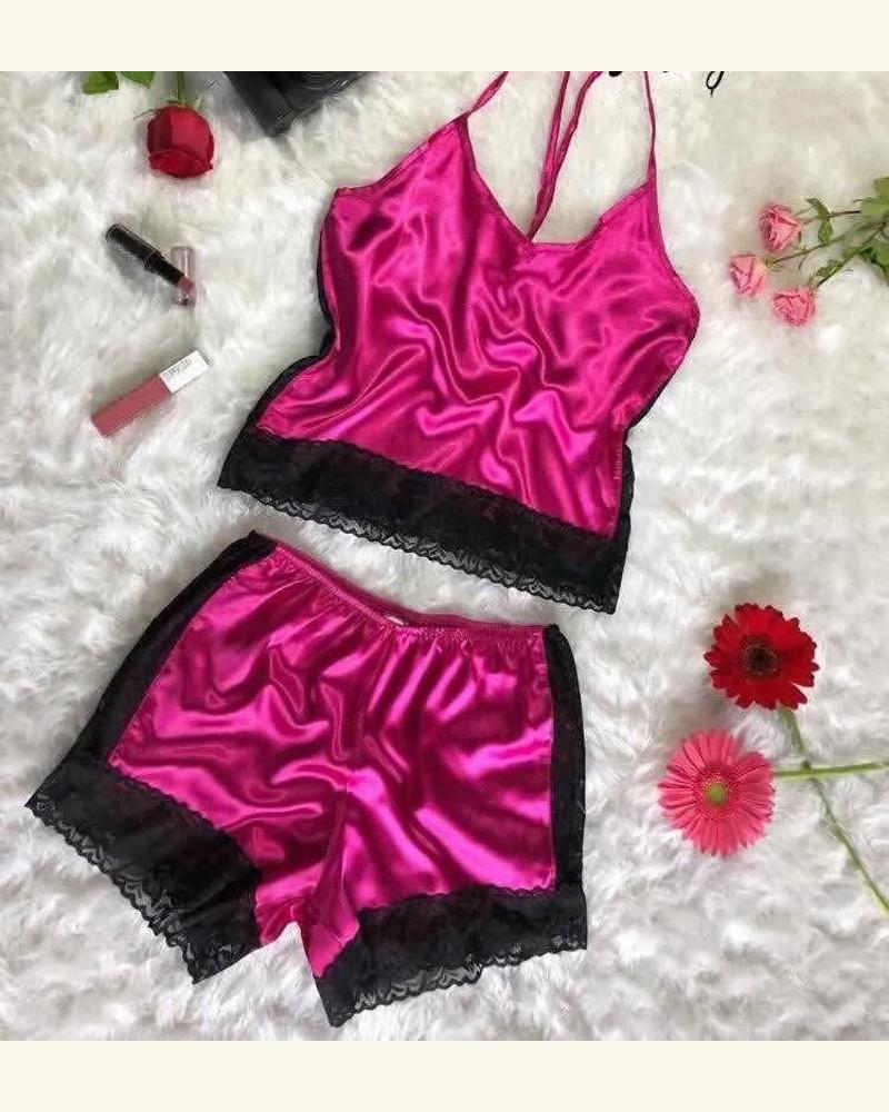 

Solid Color Splicing Lace Halter Sleeveless 2-Piece Pajamas Sets, Hot pink