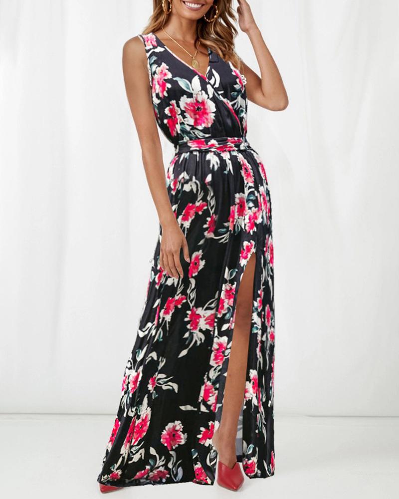 

V-neck Floral Beach Maxi Dress, Red