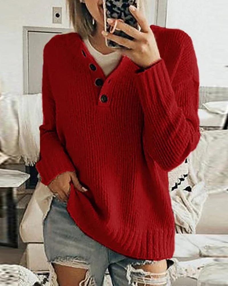 

Button Design Long Sleeve Sweater, Red