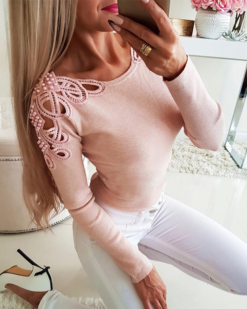 

Solid Hollow Out Pearl Beaded Blouse, Pink