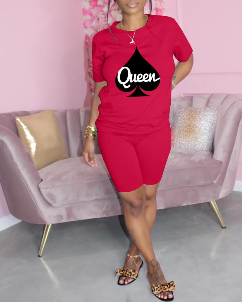 

Poker Letter Print Short Sleeve Top & Shorts Set, Red