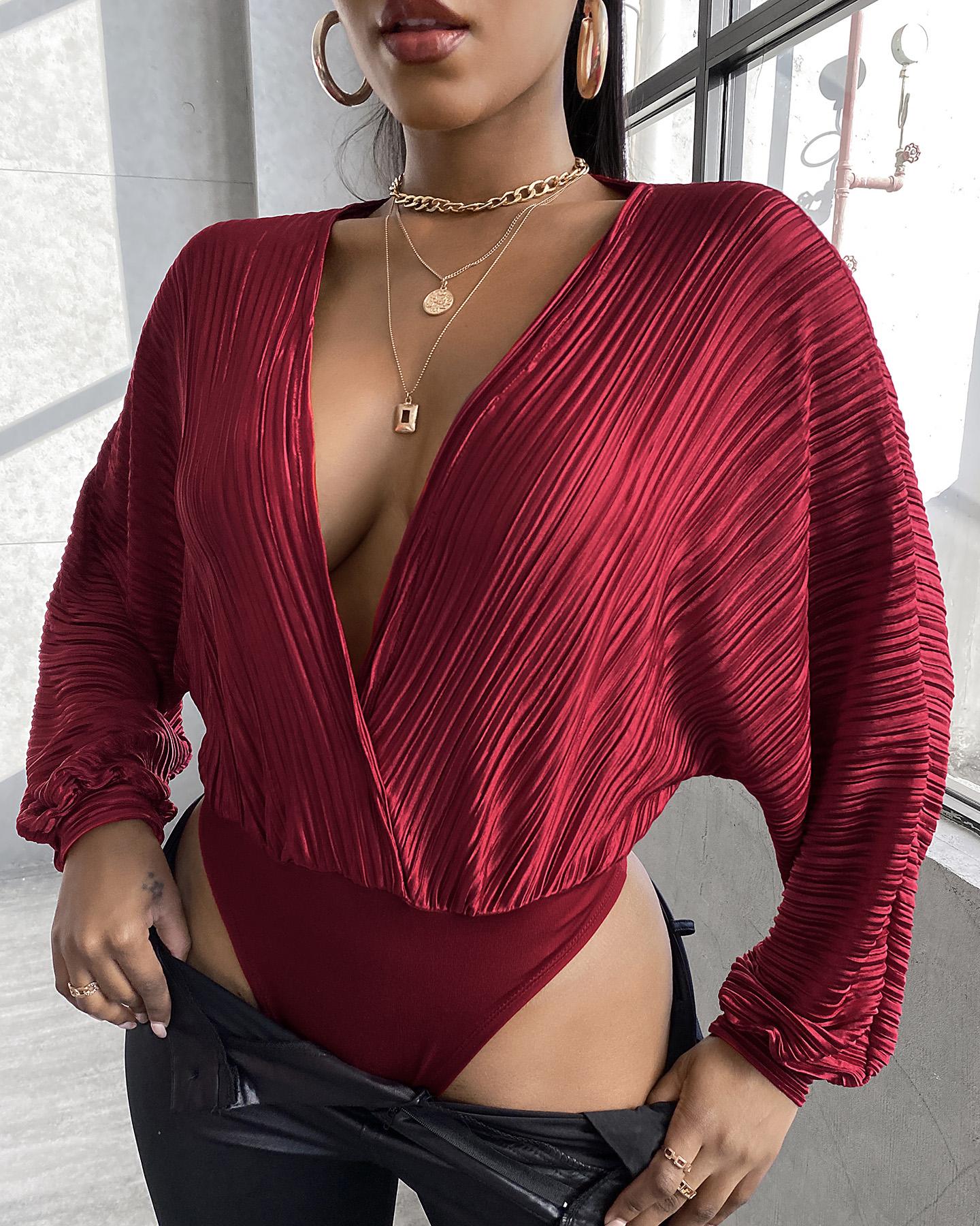 

Plain Batwing Sleeve Plunge Bodysuit, Wine red