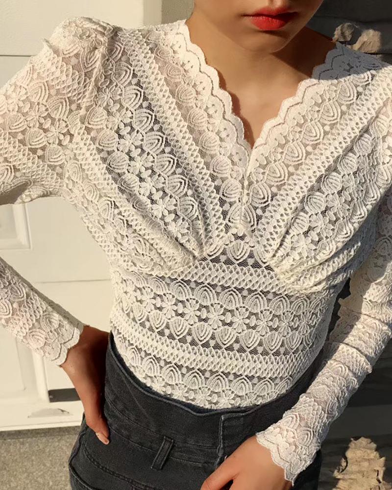 

Crochet Lace Puffed Sleeve Blouse, Apricot