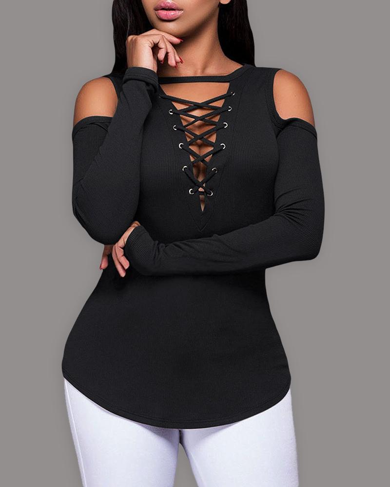 

Eyelet Lace-up Cold Shoulder Long Sleeve Women Top, Black