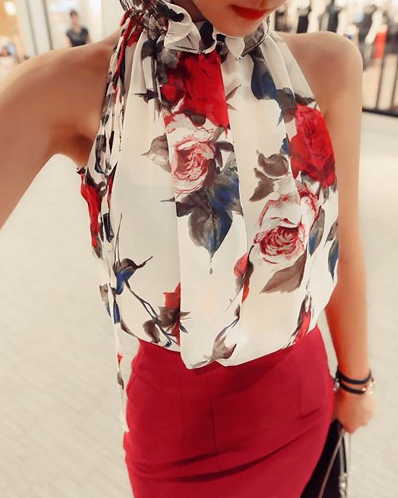 

Halter Floral Print Sleeveless Top, White