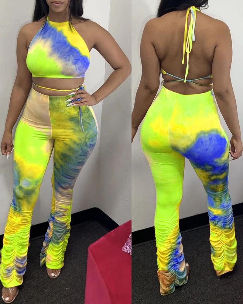 

Tie Dye Print Halter Backless Top & Ruched Pants Set, Yellow