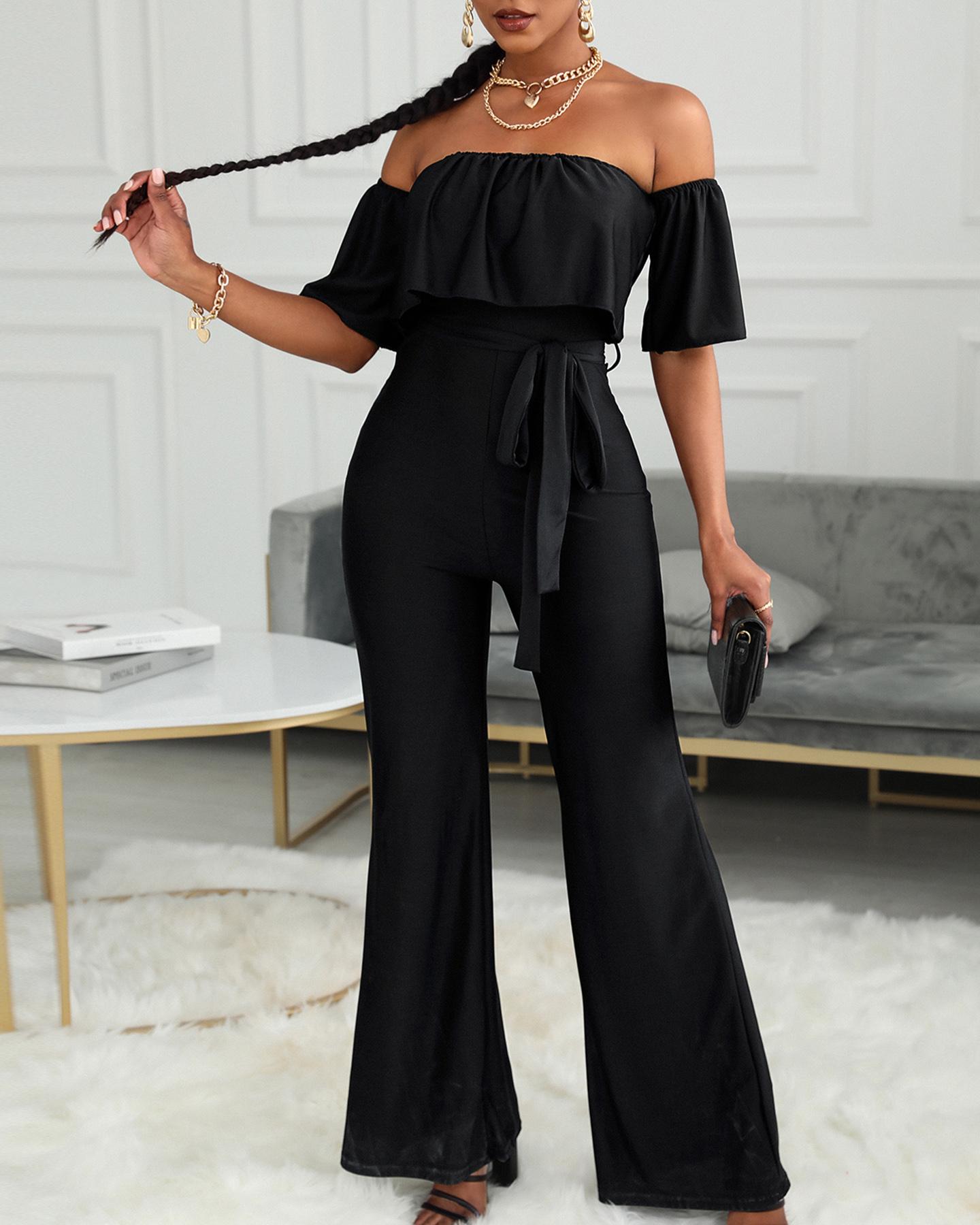 

Plain Off Shoulder Ruffle Hem Wide Leg Jumpsuit, Black