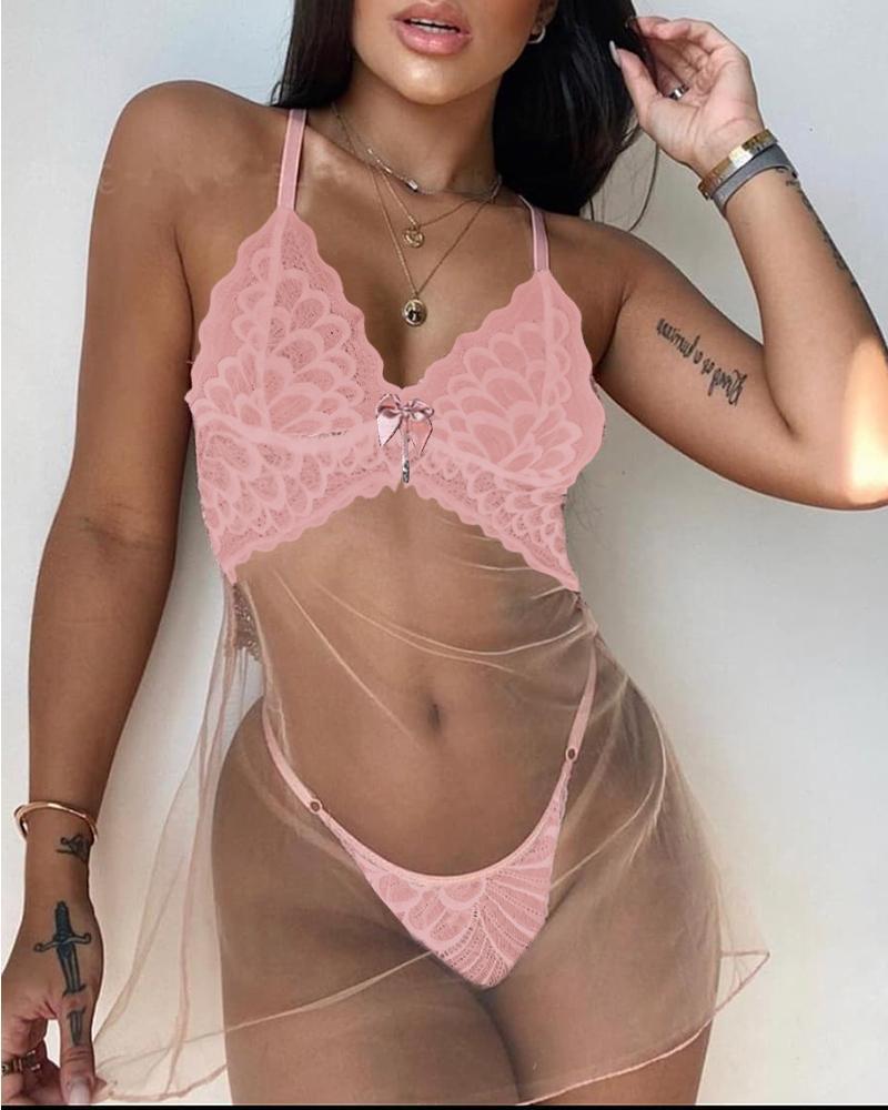 

Spaghetti Strap Sheer Mesh Crochet Lace Babydoll, Pink