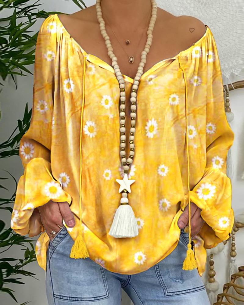 

Daisy Print Tassel Design Lantern Sleeve Top, Yellow