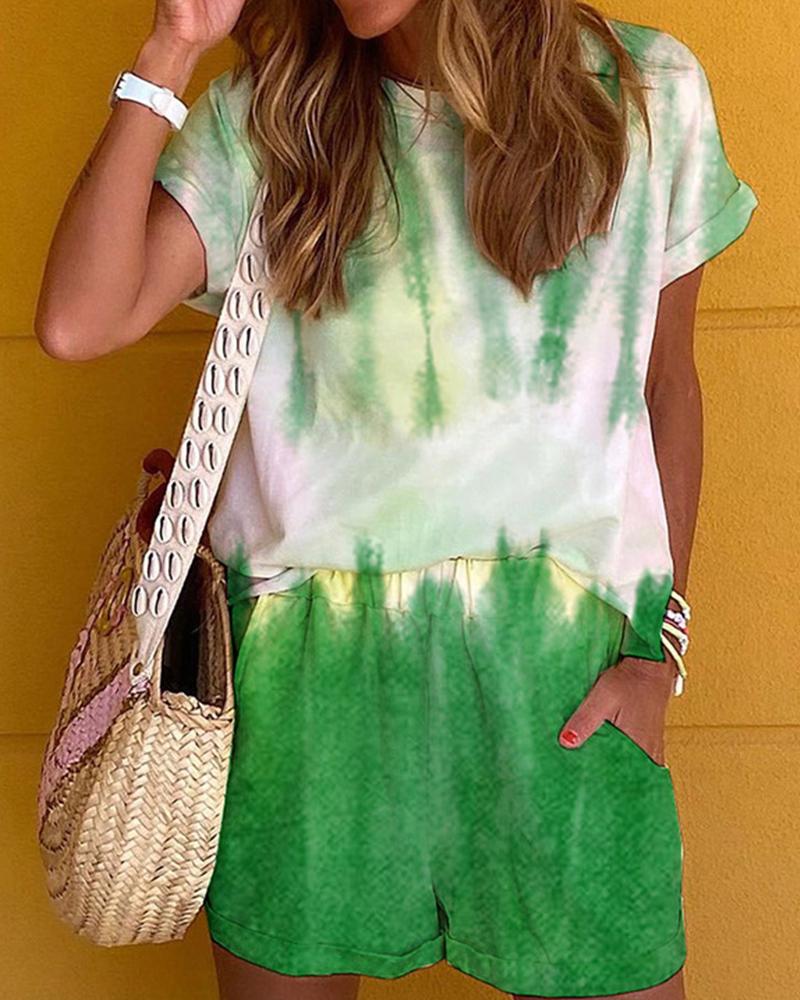

Tie Dye Short Sleeve Loose T-shirt With Shorts Suit Sets, Green