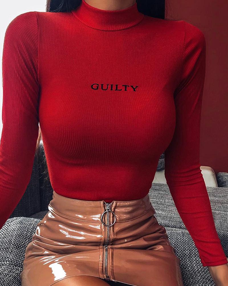 

Mock Neck Letter Print Ribbed Long Sleeve Blouse, Red