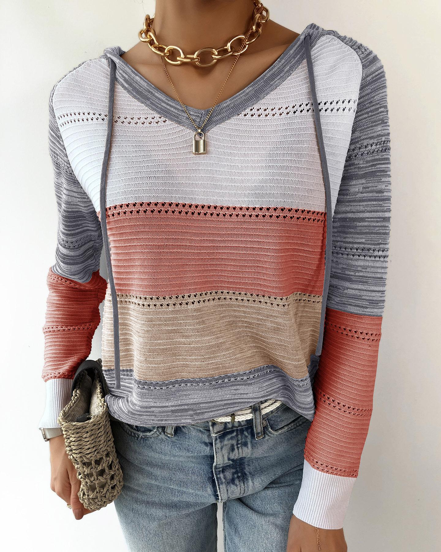

Knit Colorblock Hollow Out Hooded Sweater, Orange