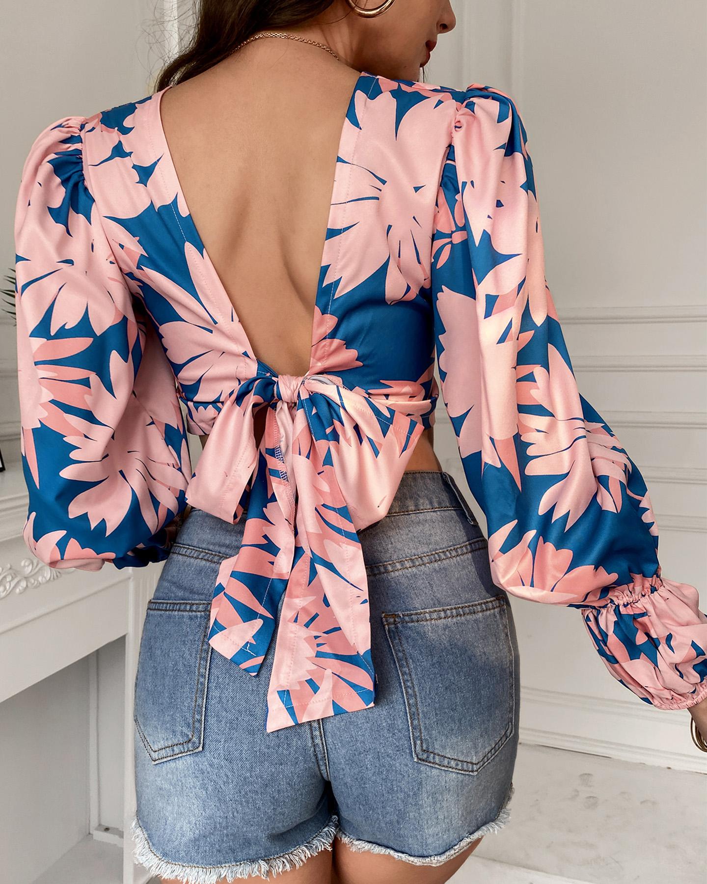 

Floral Print Bowknot Back Puff Sleeve Top, Pink