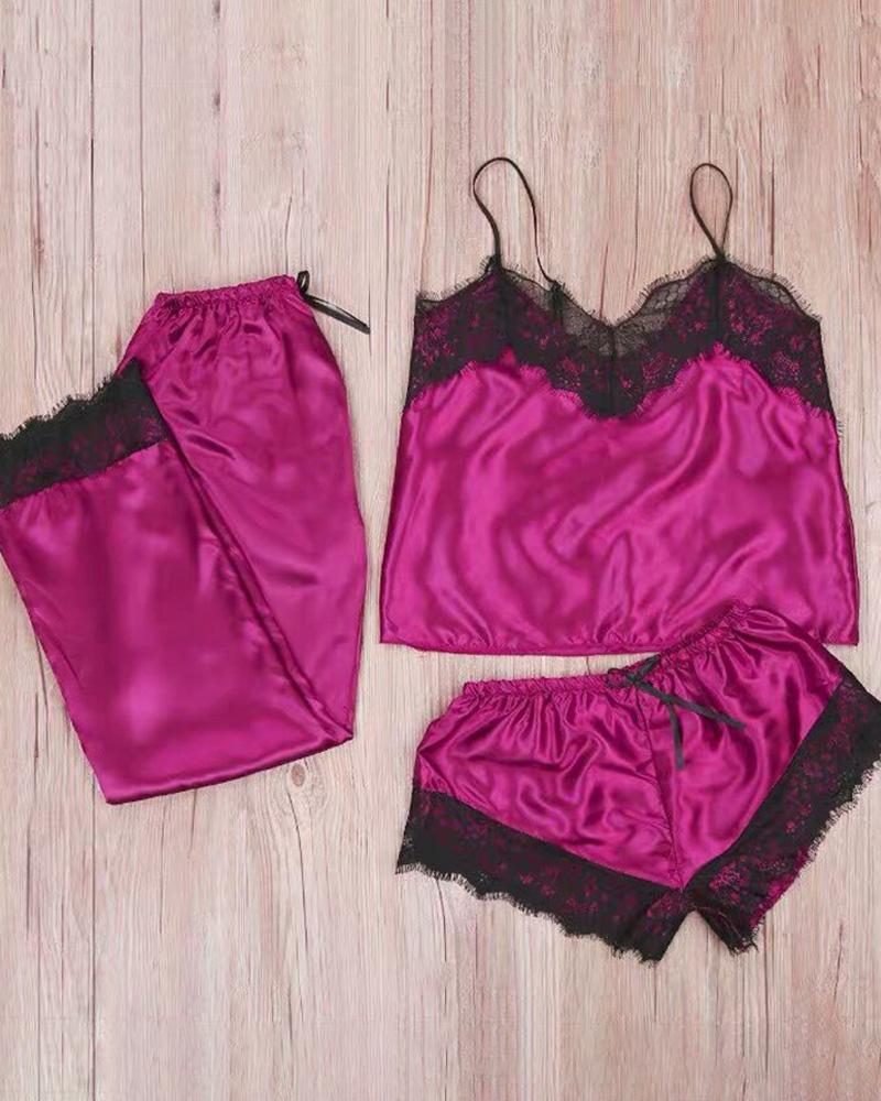 

3PCS Colorblock Lace Trim Satin Sleepwear Set, Hot pink