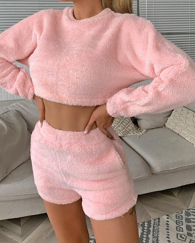 

Fluffy Long Sleeve Pockets Pajamas Set, Pink