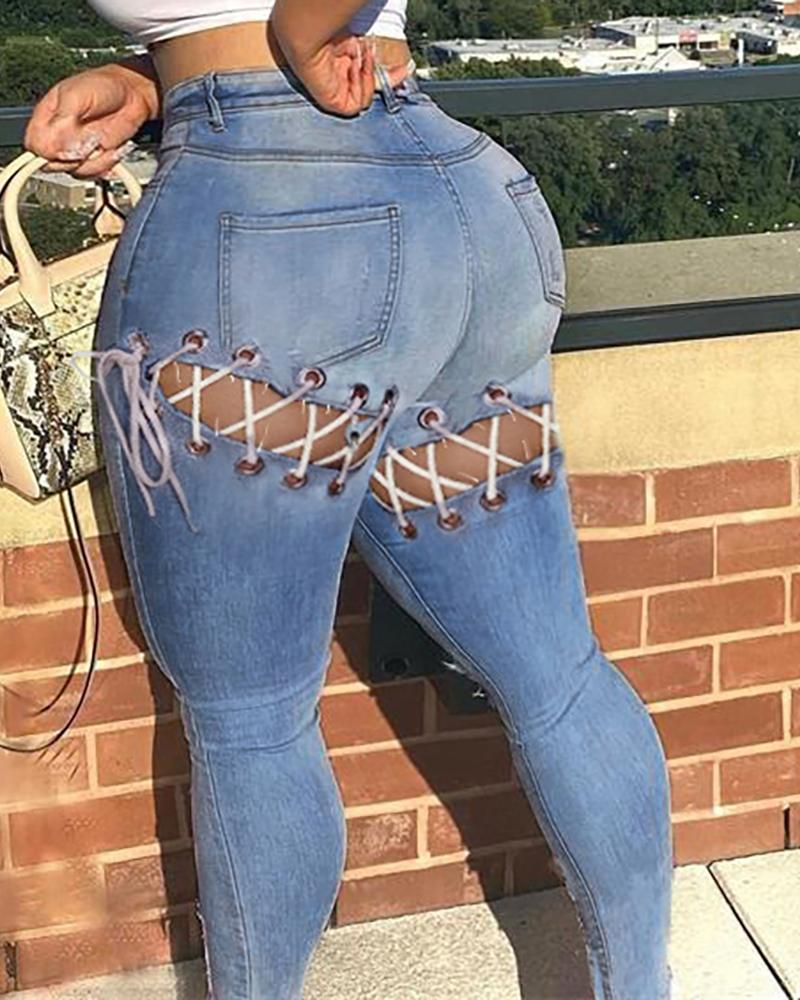 

High Waist Eyelet Lace Up Skinny Jeans, Blue
