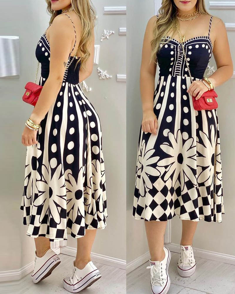 

Polkadot Floral Print Colorblock Casual Dress, Black