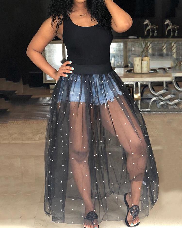 beading mesh splicing pleated maxi dress