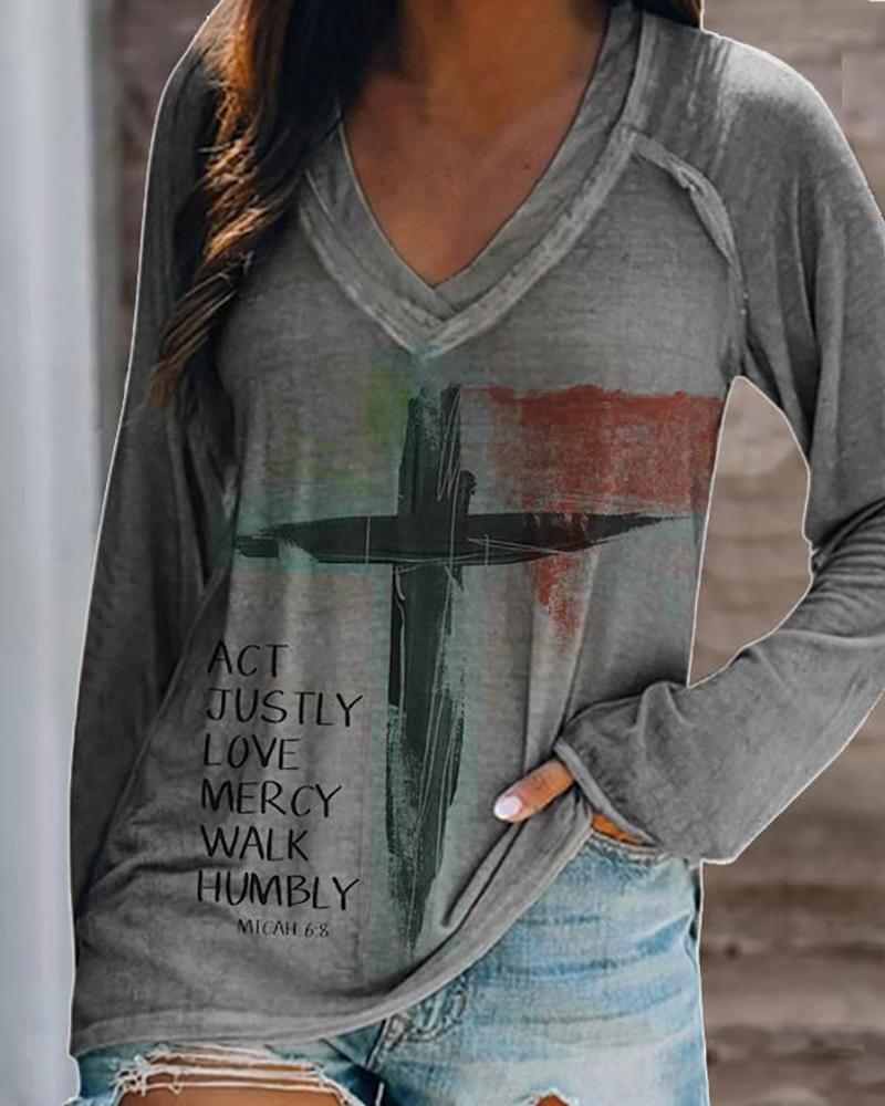 

Letter Cross Print V-Neck Long Sleeve Casual Top, Gray