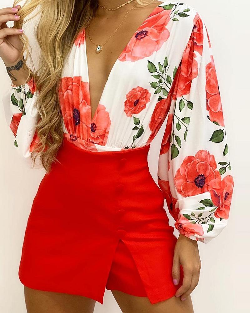 

Floral Print Plunge \Lantern Sleeve Top & Skirt Set, Red